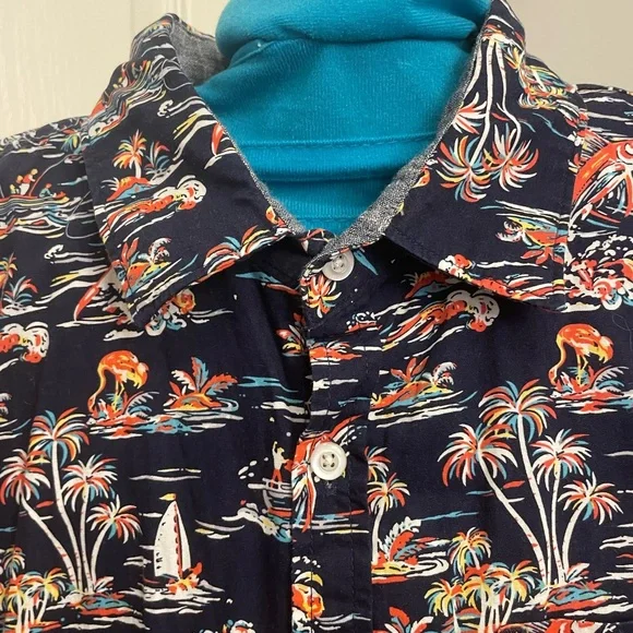 Navy Tropical Print Men's Shirt - Picture 3 of 12